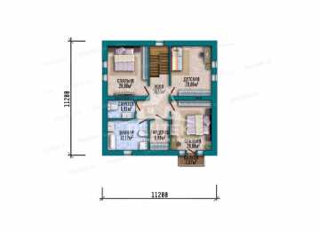 Проект квадратного двухэтажного дома с размерами 11 м на 11 м - LK-362